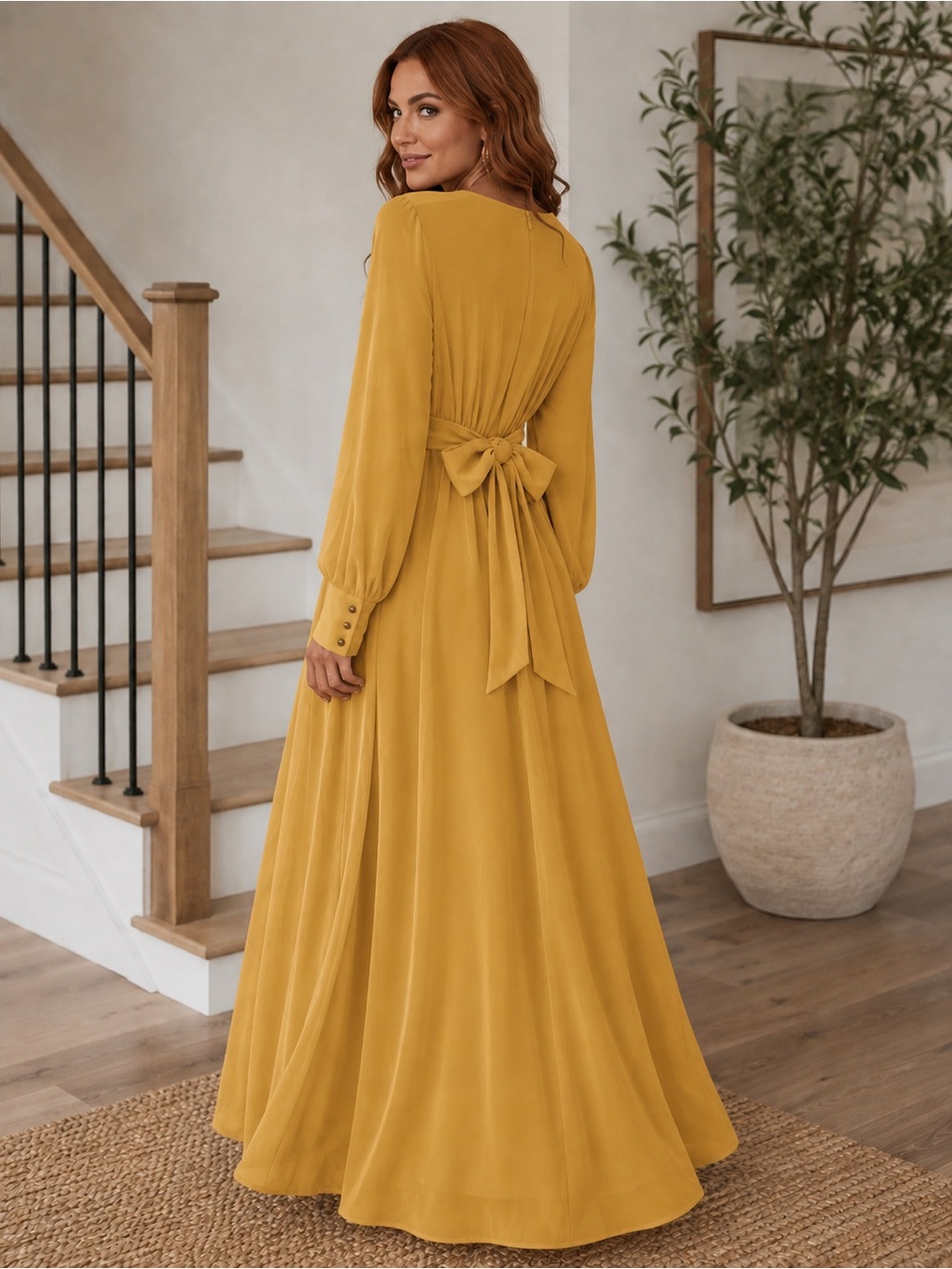 Ricarica Size Medium Chiffon Maxi Dress With Bishop Sleeves Muted Mustard